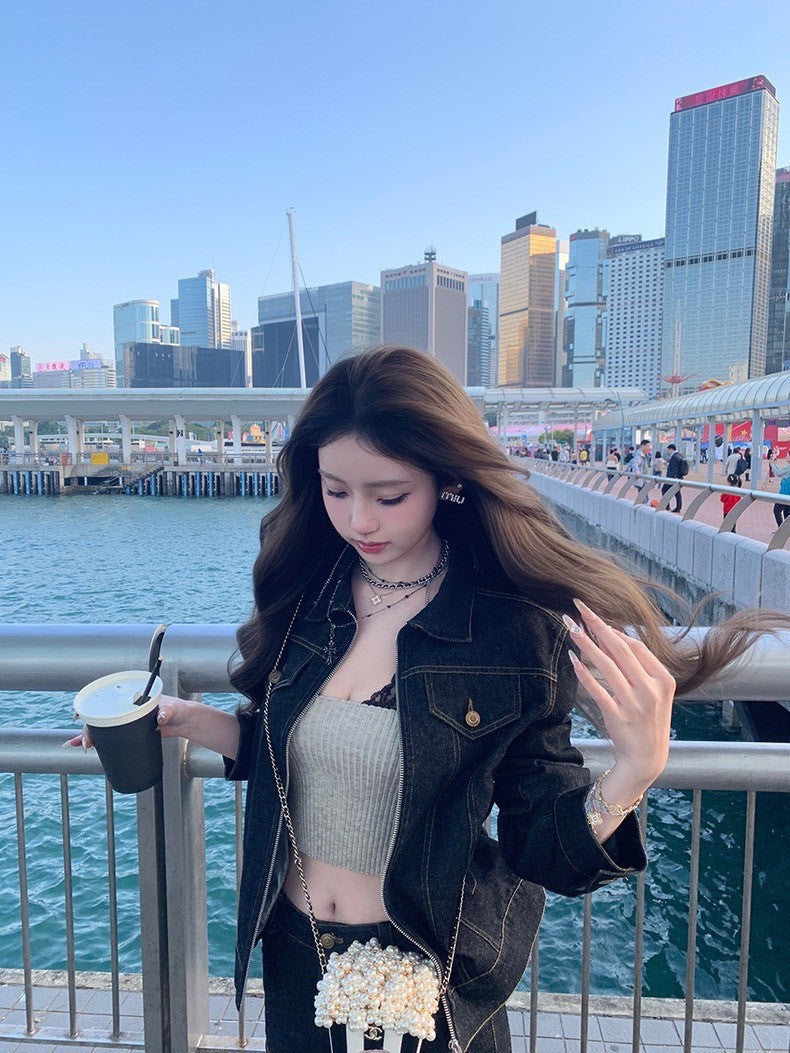 Mar. 倫敦往事 復古黑色外縫式牛仔外套 短褲
