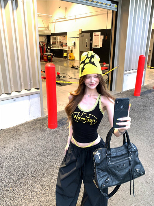 Jun. LA個性女孩 撞色蝙蝠字母印花背心 抽繩鬆緊黑色休閒褲