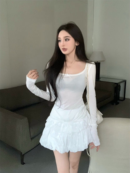 Jun. 奶椰泡泡 薄款芭蕾風打底上衣 花苞半身裙 白