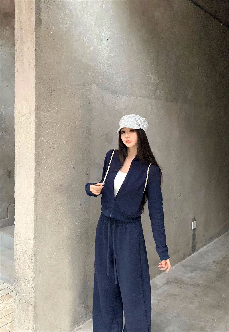 26Jan. 休閒運動華夫格立領外套休閒褲套裝 藏青/杏