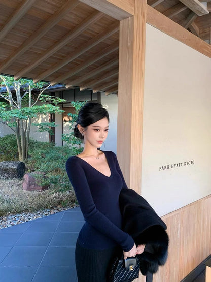 26Jan. 糯暖鬆弛感v領顯瘦羊毛打底上衣 藍/卡