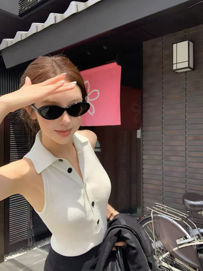 26Jul. 老錢義大利polo領鈕扣背心 白/藏青