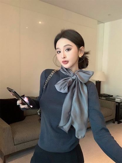 Feb. 內搭高手 綁帶蝴蝶領純色長袖上衣 灰