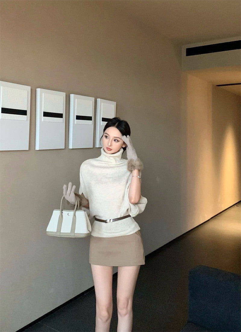 25Dec. 慵懶堆堆領毛衣(附手袖）修身卡色半身裙