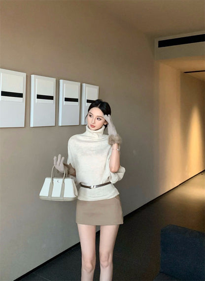 25Dec. 慵懶堆堆領毛衣(附手袖）修身卡色半身裙