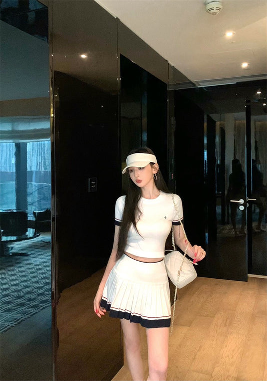 25Nov. 玩美女孩撞色修身網球針織套裝