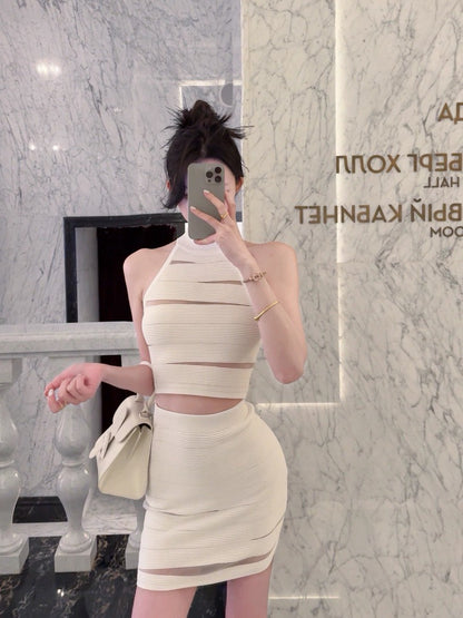 25Aug. 性感純欲嫵媚特殊工藝針織背心半身裙套裝 白/黑