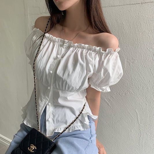 25Aug. 法式花邊泡泡袖收腰上衣 白/黑