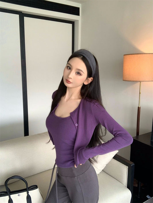 25Nov. 運動休閒搭一套上衣2件組 紫 顯瘦抽繩休閒褲 深灰