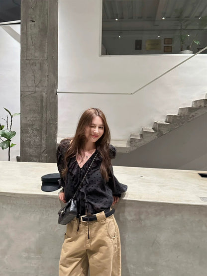 25Dec. 浪漫波卡氣質荷葉雪紡泡泡襯衫 黑