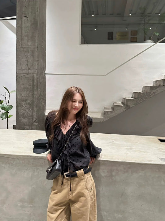 25Dec. 浪漫波卡氣質荷葉雪紡泡泡襯衫 黑