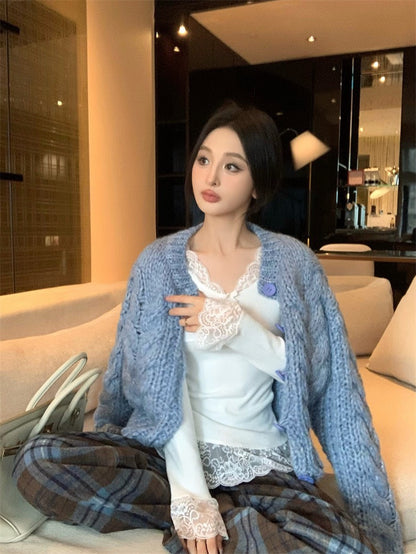 25Nov. 冬季呢喃保暖厚磅麻花針織外套2色 打底蕾絲上衣 2色