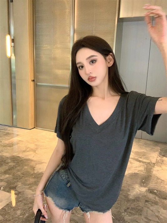 Mar. 基礎V領素顏T 寬鬆休閒短袖上衣 灰