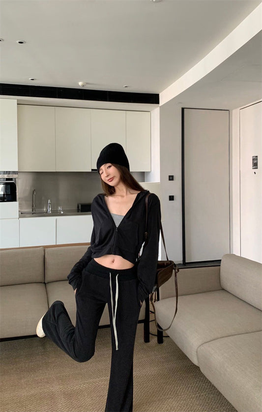 25Jul. 韓系休閒遛噠連帽短外套 抽繩喇叭褲 深灰