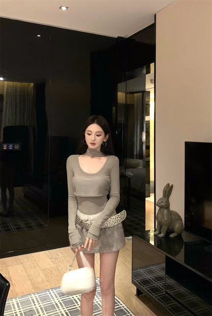 26Jan. 溫柔小蠻腰U領掛脖上衣2色皮草半身裙