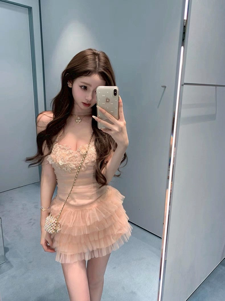 Jun. 玫瑰廢墟 氣質優雅手工花網紗蛋糕裙套裝 粉/白