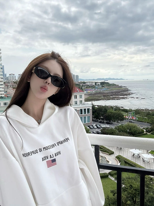 25Nov. 留美Clean outfit寬鬆連帽印花口袋衛衣 白