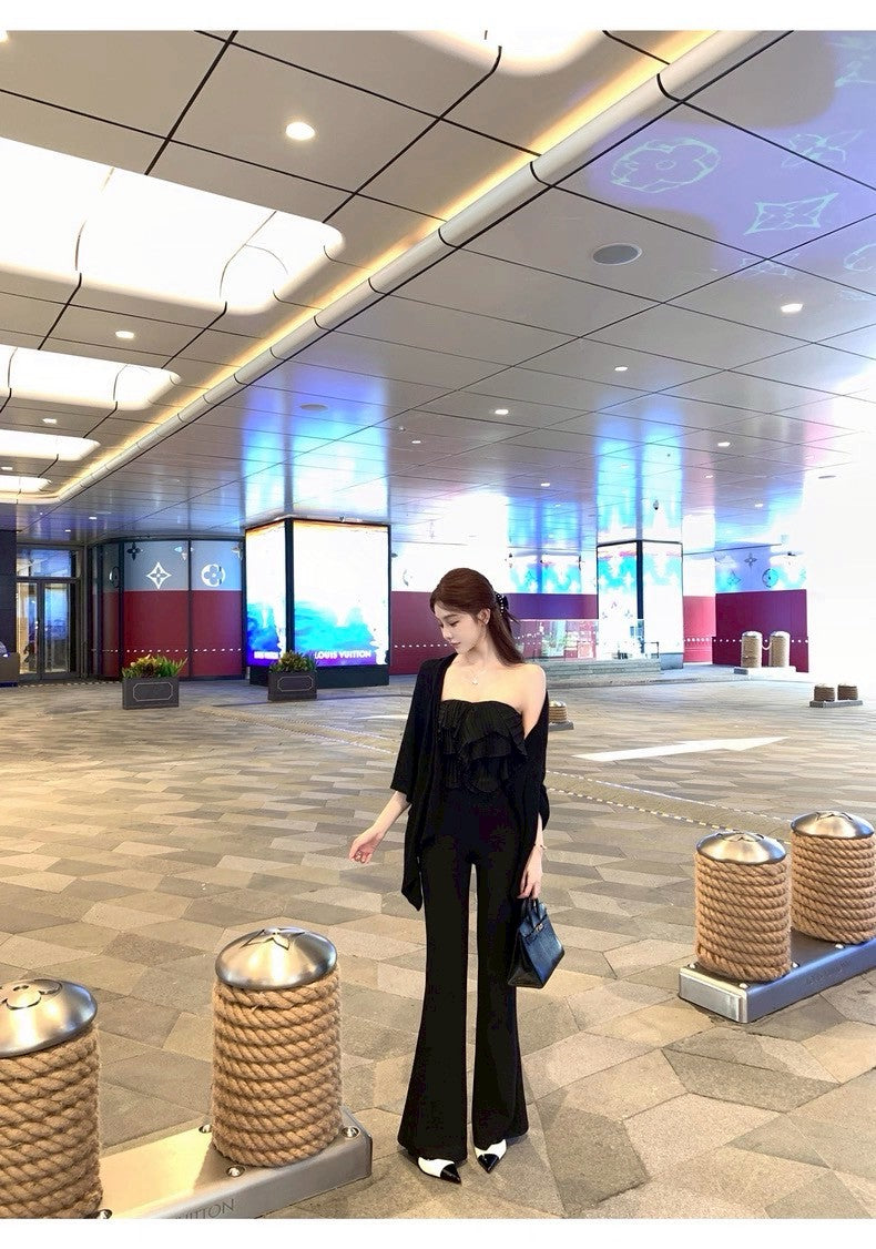 25Oct. 簡約黑色彈力西料休閒喇叭褲