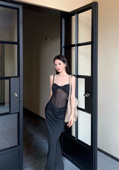 25Aug. 歐美女明星性感拼接紗吊帶連身裙 黑