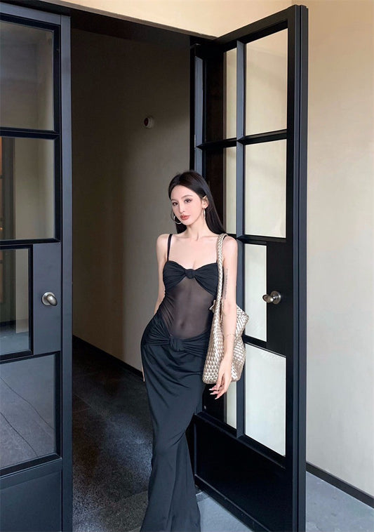 25Aug. 歐美女明星性感拼接紗吊帶連身裙 黑