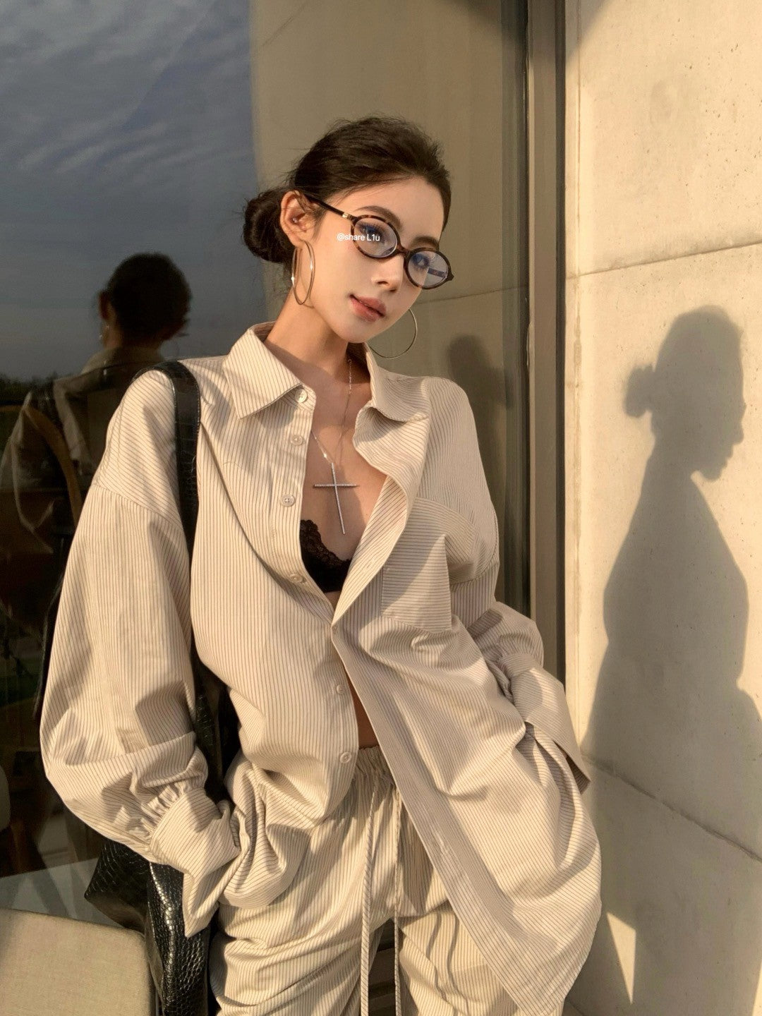 25Aug. 窒息慵懶高級感寬鬆條紋襯衫 抽繩休閒褲