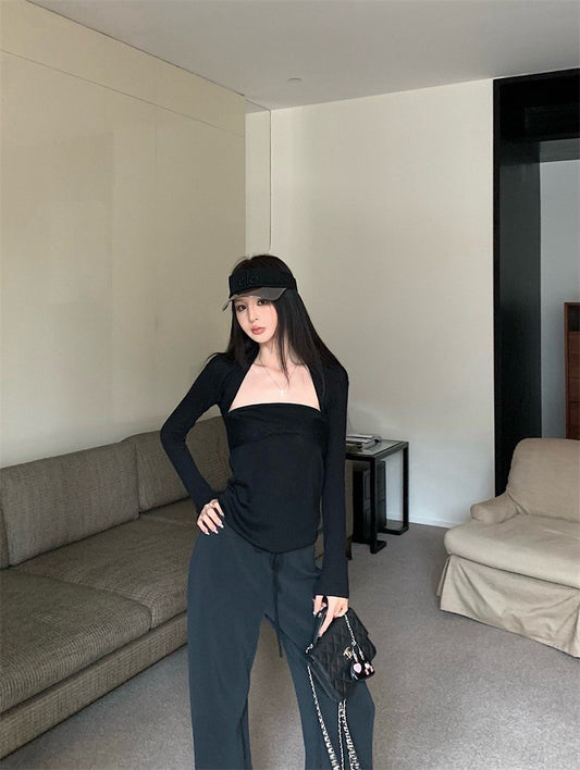 25Jul. 休閒生活 純色三色選簡約抹胸修身開襟 抽繩休閒褲 黑