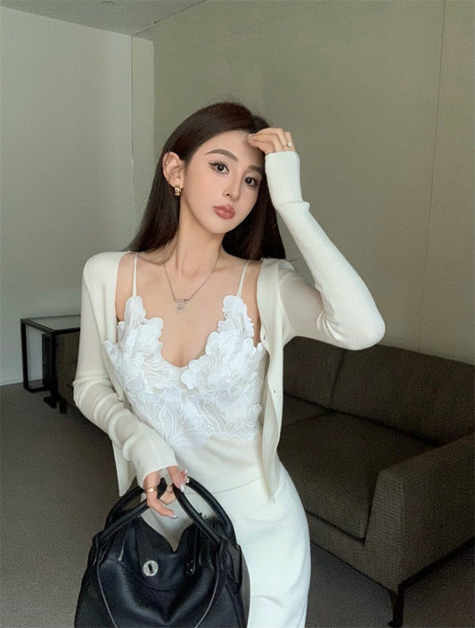 25Jul. 法式氣質花瓣背心開衫兩件套