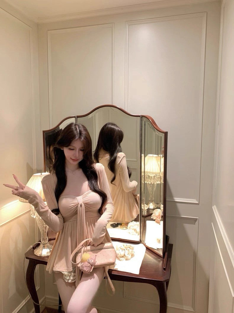 25Aug. 慵懶姐系 莫代爾抹胸外套2件組 粉