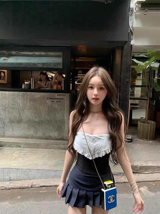 Jun. 純甜歐蕾 撞色繡花魚骨抹胸上衣