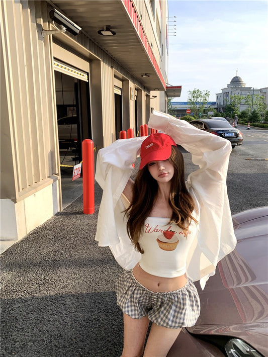 Jun. 白甜寵兒 美式防曬外穿白色襯衫印花抹胸 俏皮格紋燈籠褲