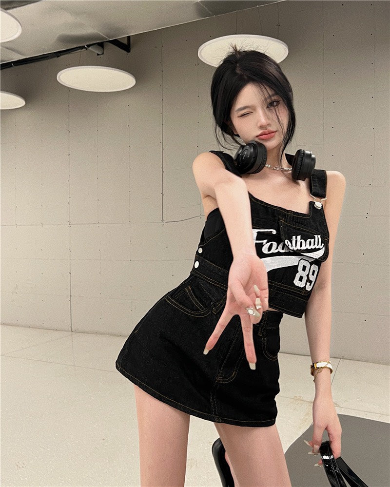 Jun. 甜辣工裝設計字母吊帶背心 半身褲裙