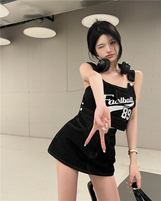 Jun. 甜辣工裝設計字母吊帶背心 半身褲裙