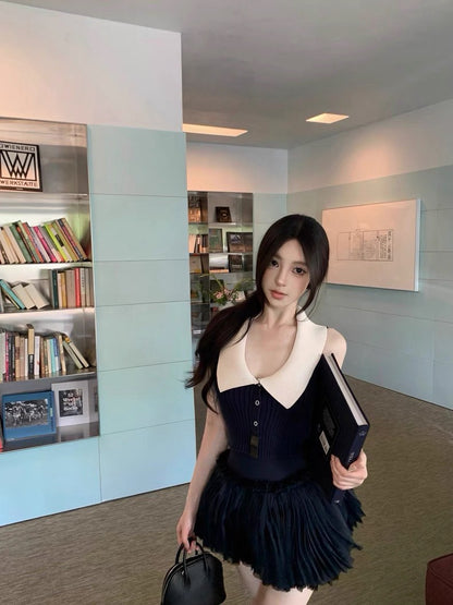 25Aug. 文藝復興Lu家高訂秀款撞色低領針織背心網紗半身裙套裝