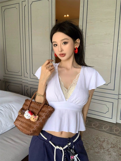 Apr. 法式復古V領收腰短袖白色上衣 奶黃蕾絲內搭