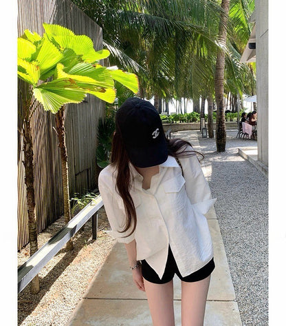 26Apr. 智性感慵懶七分袖仿麻襯衫 白