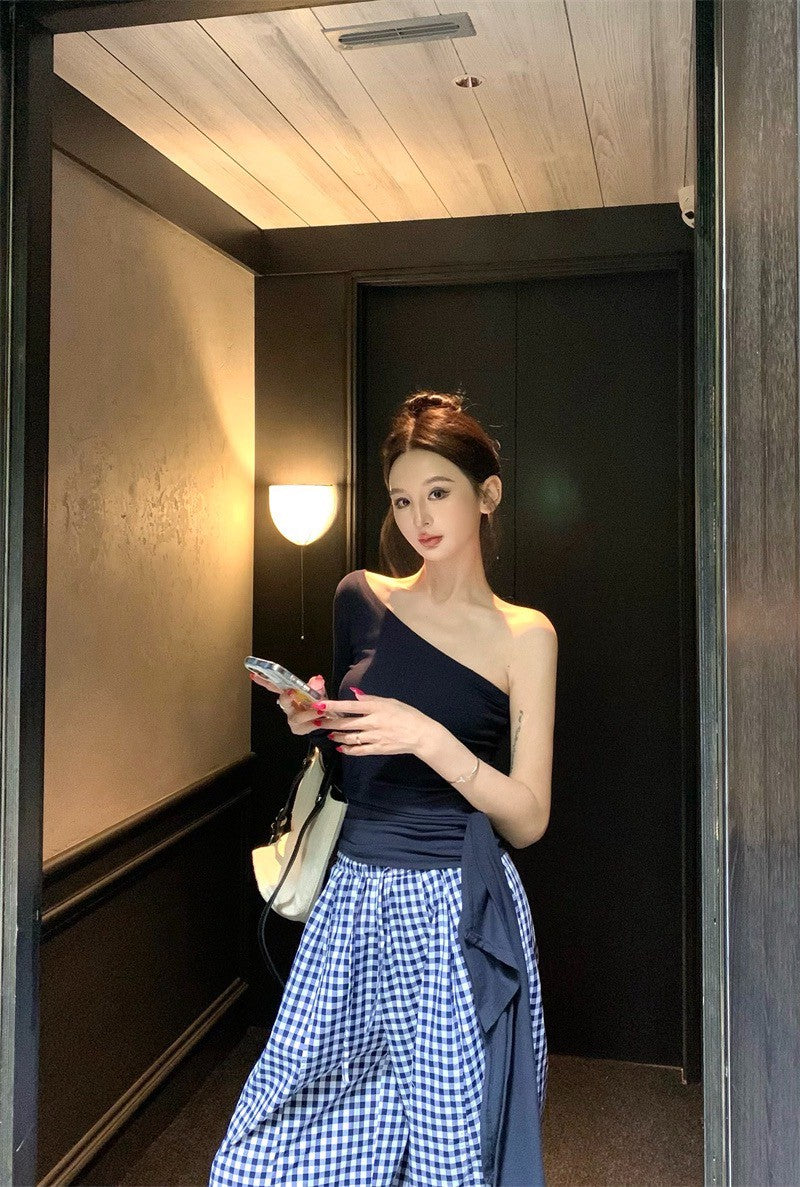25Sep. 韓系休閒斜肩側飄帶上衣 格紋闊腿褲