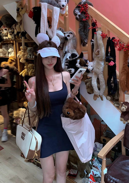 26May. 小蠻腰 運動服俏皮露背帶胸墊連身裙 藏青