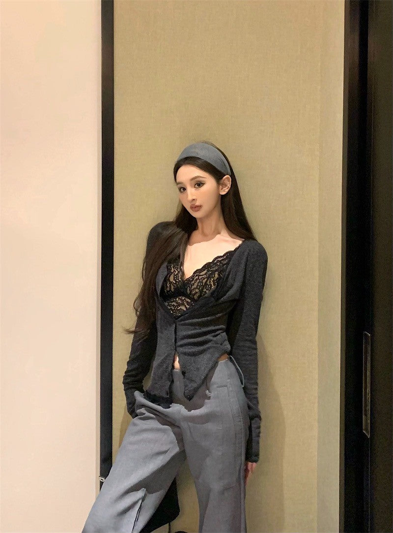 May. 時髦女人 蕾絲花邊排扣開衫 2色 性感蕾絲打底背心