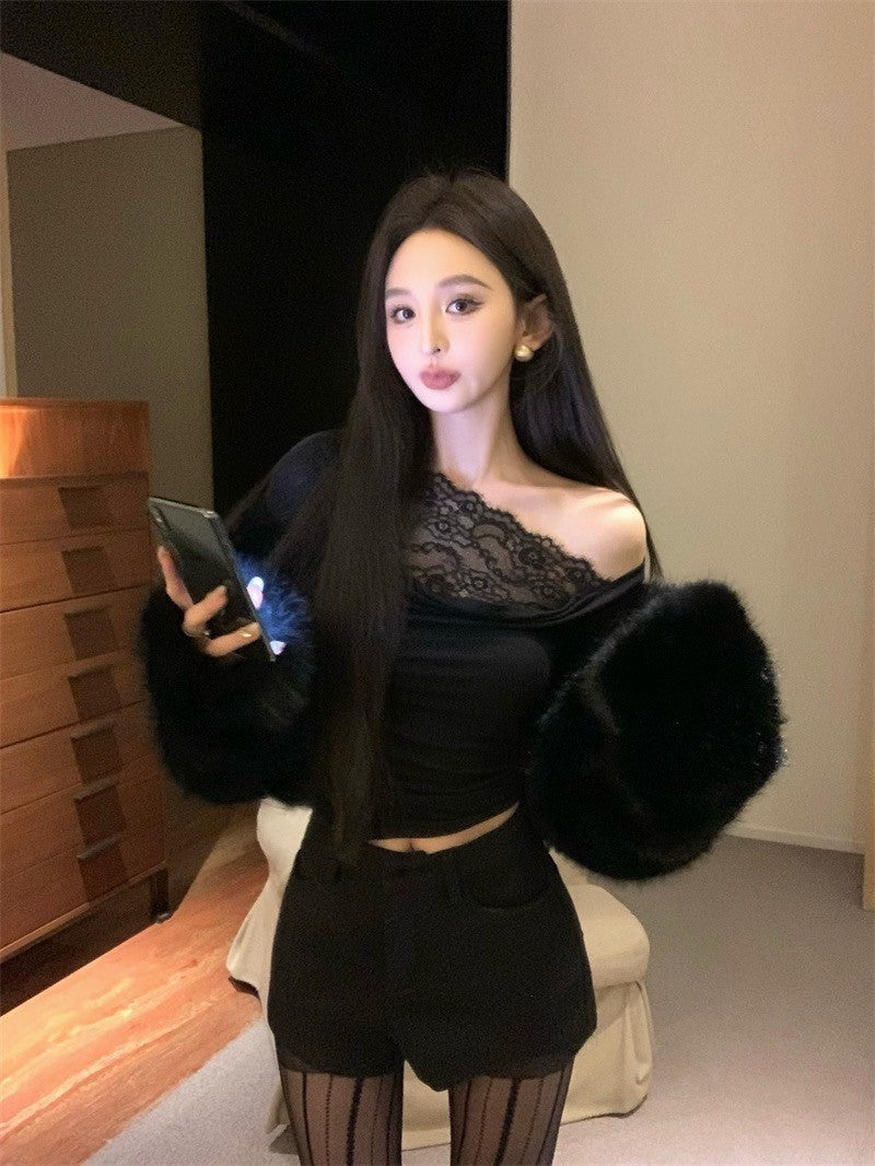 Apr. 輕透舒芙蕾 簡約純色蕾絲拼接領長袖上衣 黑/灰