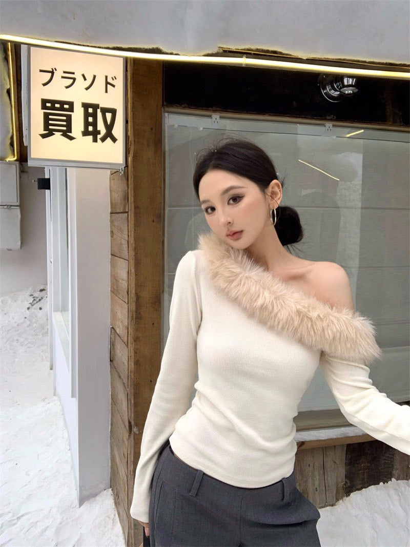 26Jan. 香肩反叛一字領毛毛長袖上衣 杏