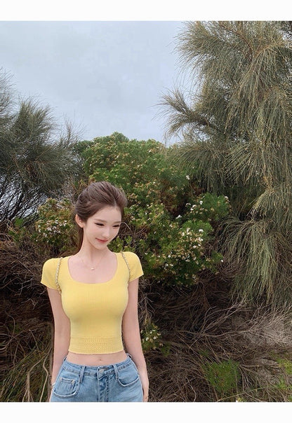 26Apr. 天菜研習 羊毛混紡U領收腰短款上衣 黃/綠