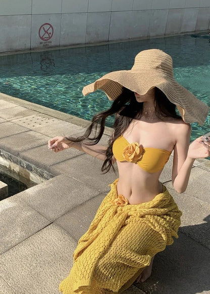 25Oct. 泰蘭德度假 多穿縷空針織連身裙/花朵比基尼套裝 黃
