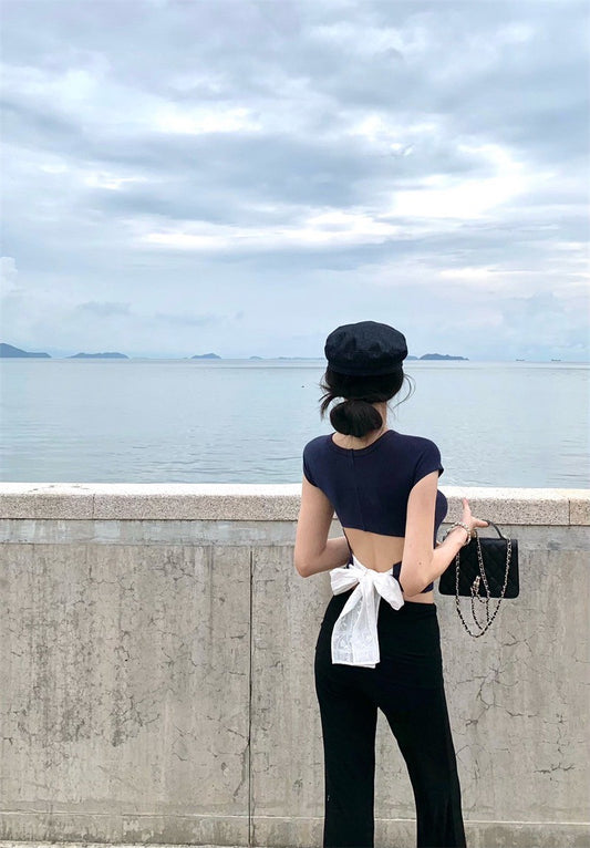 25Jul. 甜心側擊 正肩蝴蝶結露腰修身上衣 藍