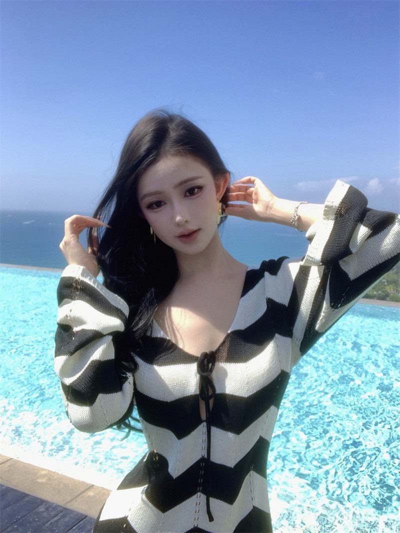 26Jun. 度假波浪條紋針織長罩連身裙