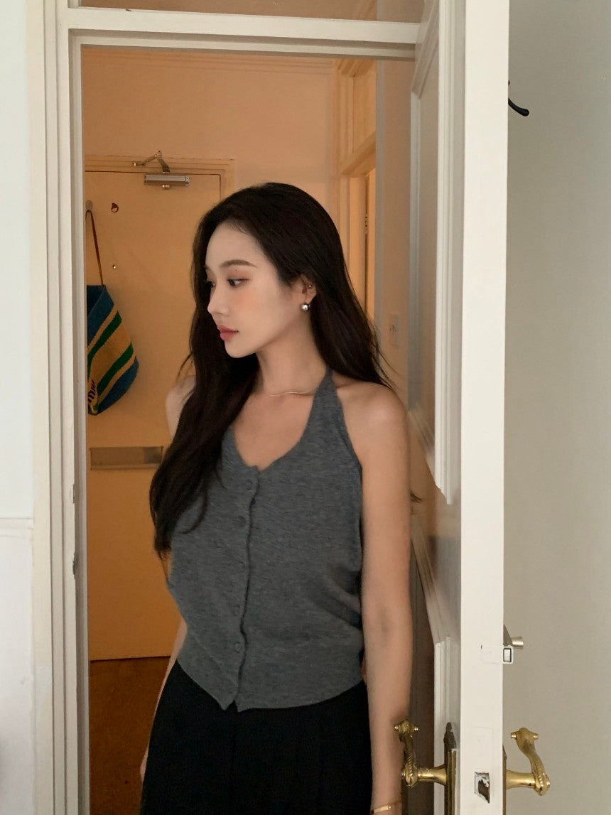 Oct. 友好疊穿 針織排扣後背挖空背心 灰