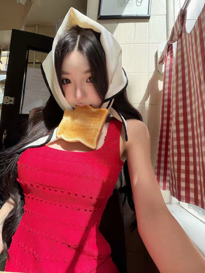 26Jul. 復古方領波浪典藏款針織裙 紅/白/黑