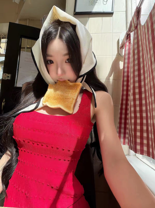 26Jul. 復古方領波浪典藏款針織裙 紅/白/黑