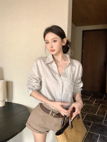 25Aug. LUP休閒王牌亞麻襯衫 翻摺休閒短褲 卡其色系