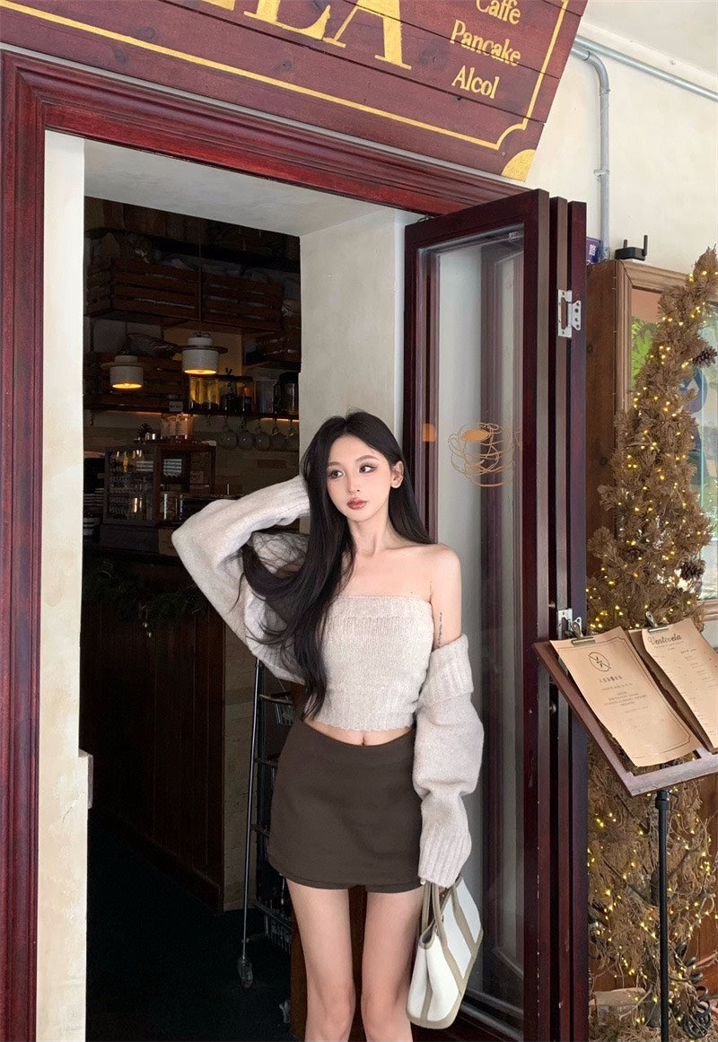 25Nov. 溫柔厚磅軟糯糯抹胸開衫2件組 咖色半身褲裙