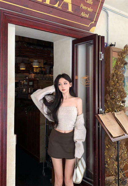 25Nov. 溫柔厚磅軟糯糯抹胸開衫2件組 咖色半身褲裙